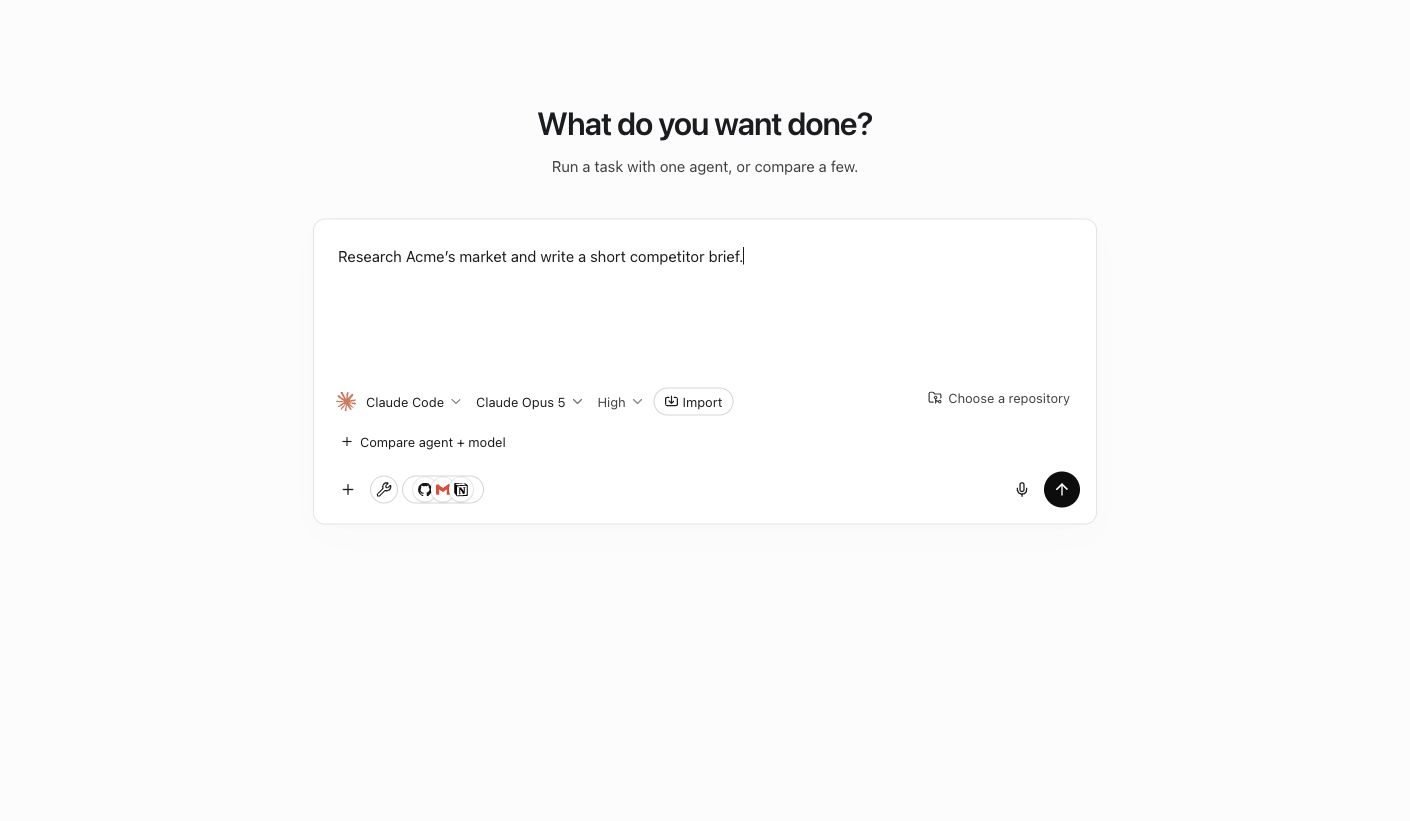 AgentSky's English browser UI: a task composer with agent, model, reasoning, tools, and connector controls.