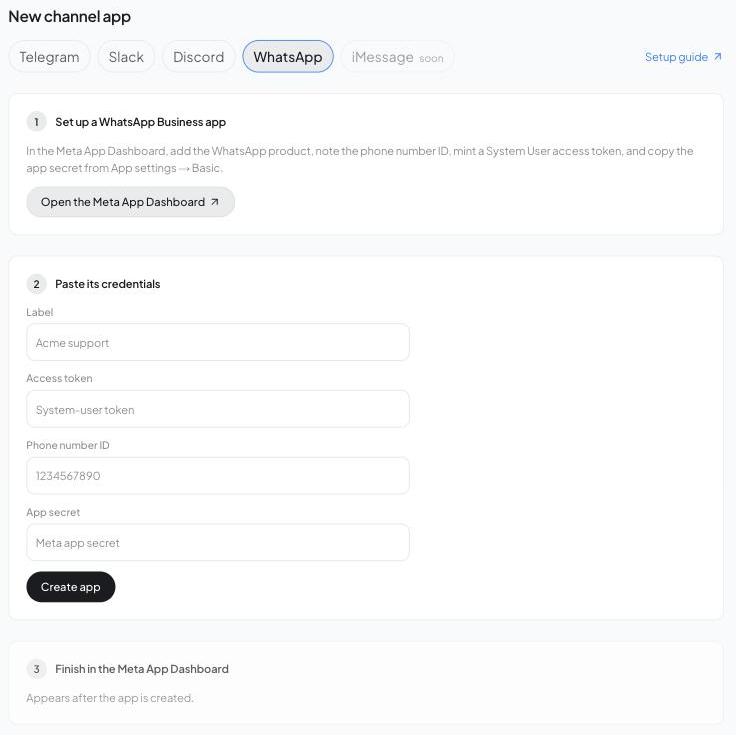 The developer console's new-app checklist for WhatsApp Cloud API